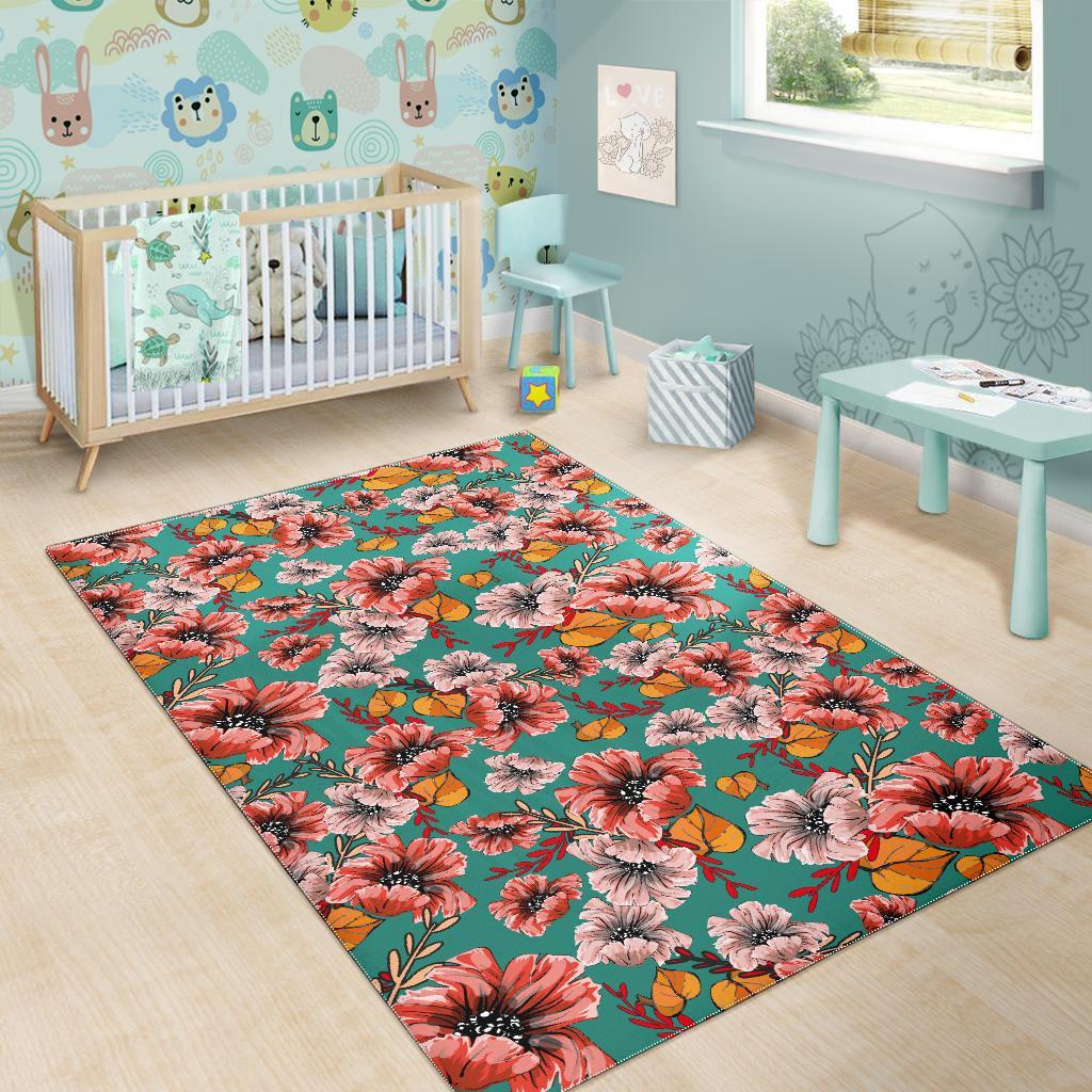 Poppy Floral Red Pattern Print Floor Mat-grizzshop