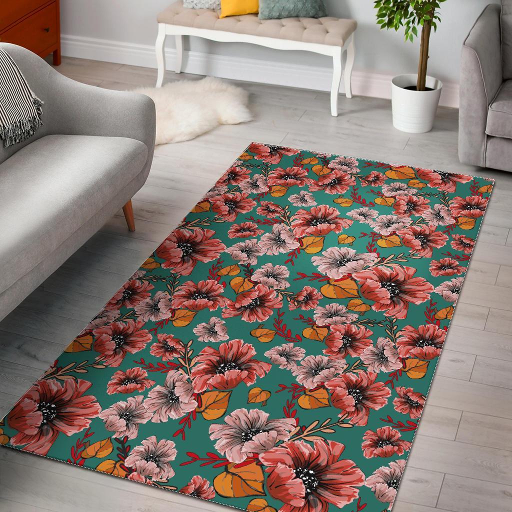 Poppy Floral Red Pattern Print Floor Mat-grizzshop