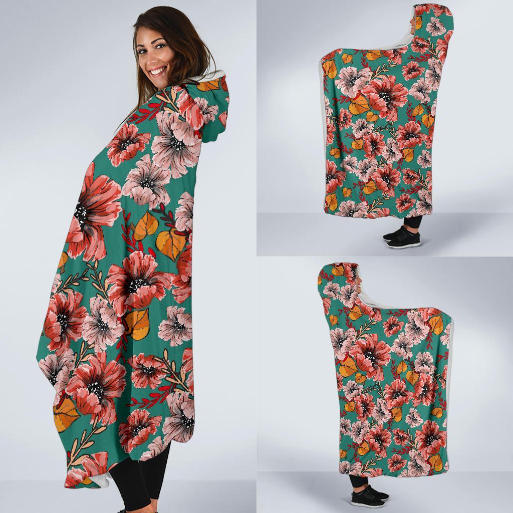 Poppy Floral Red Pattern Print Hooded Blanket-grizzshop