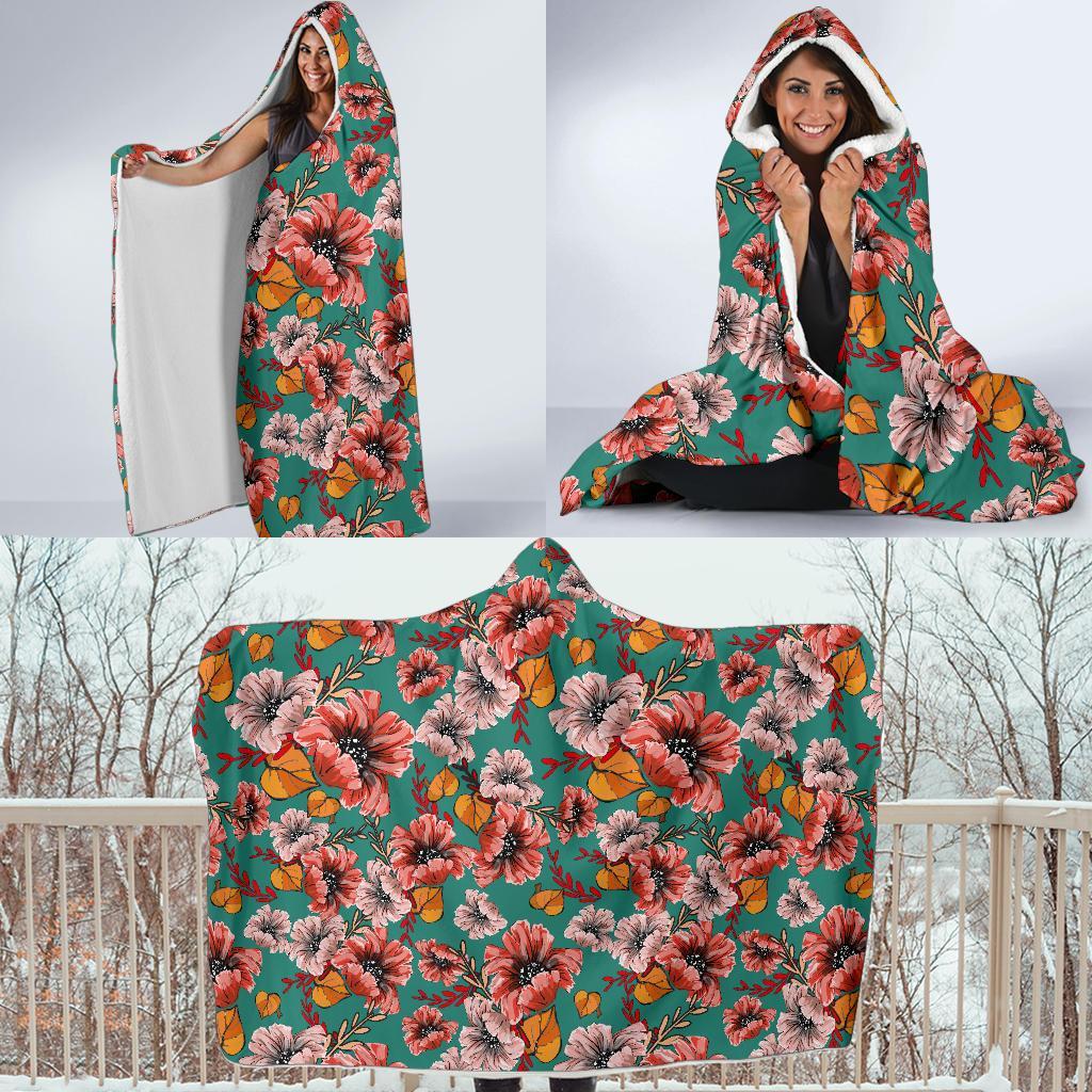 Poppy Floral Red Pattern Print Hooded Blanket-grizzshop