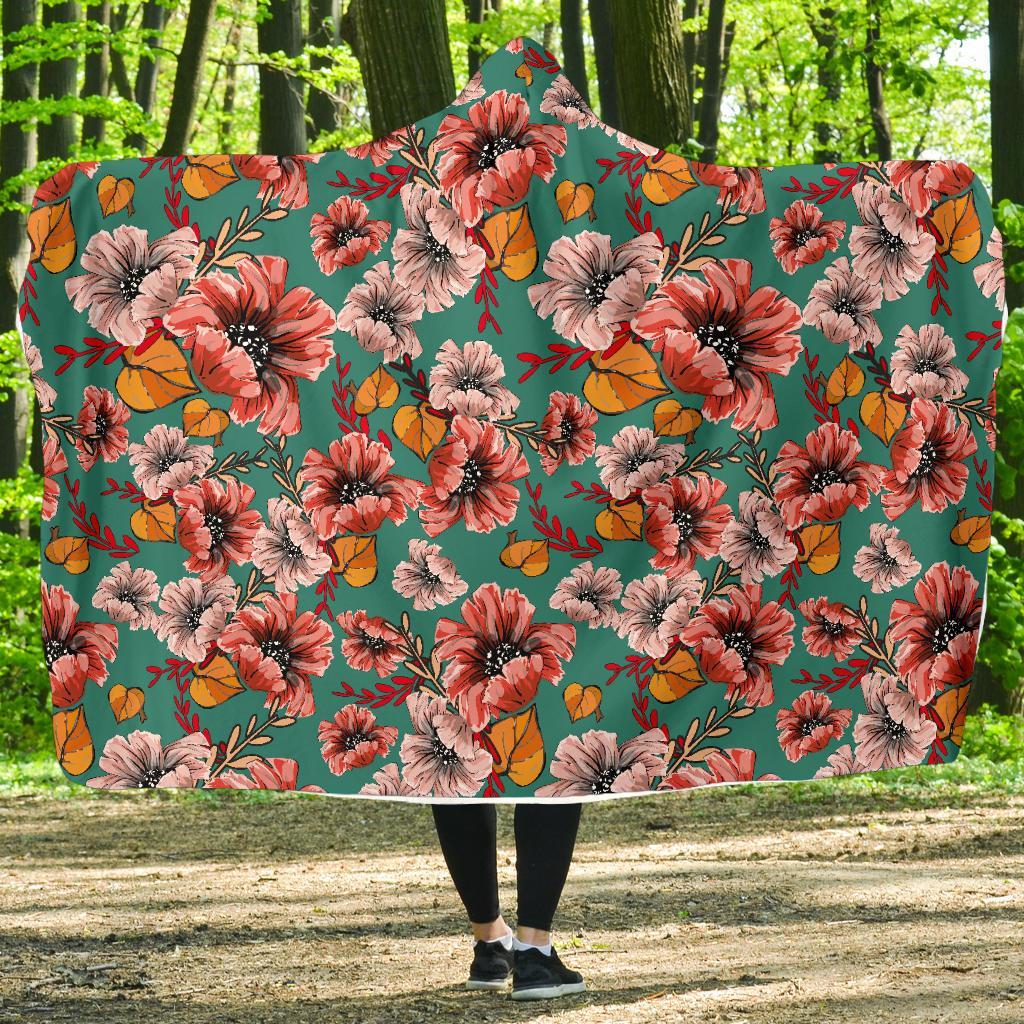 Poppy Floral Red Pattern Print Hooded Blanket-grizzshop