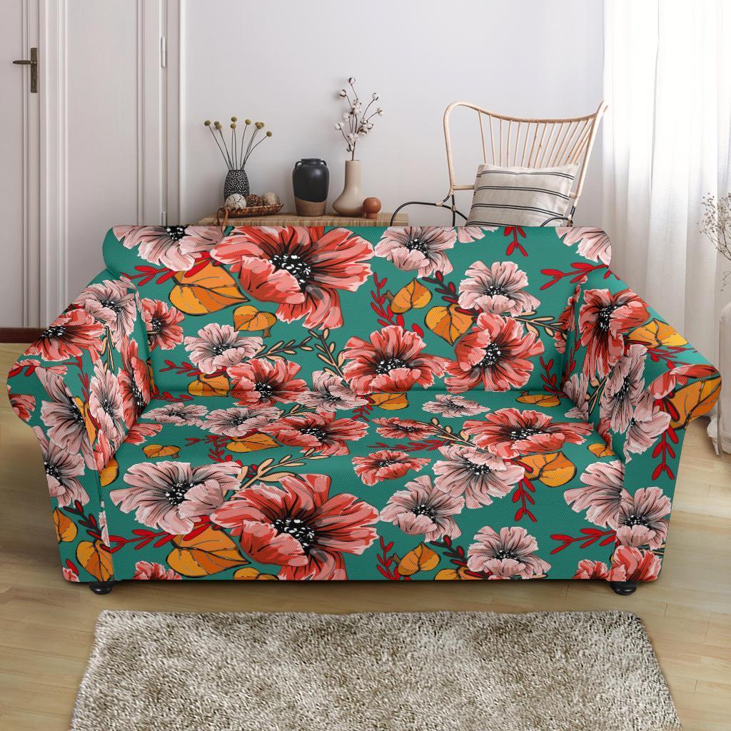 Poppy Floral Red Pattern Print Loveseat Cover-grizzshop