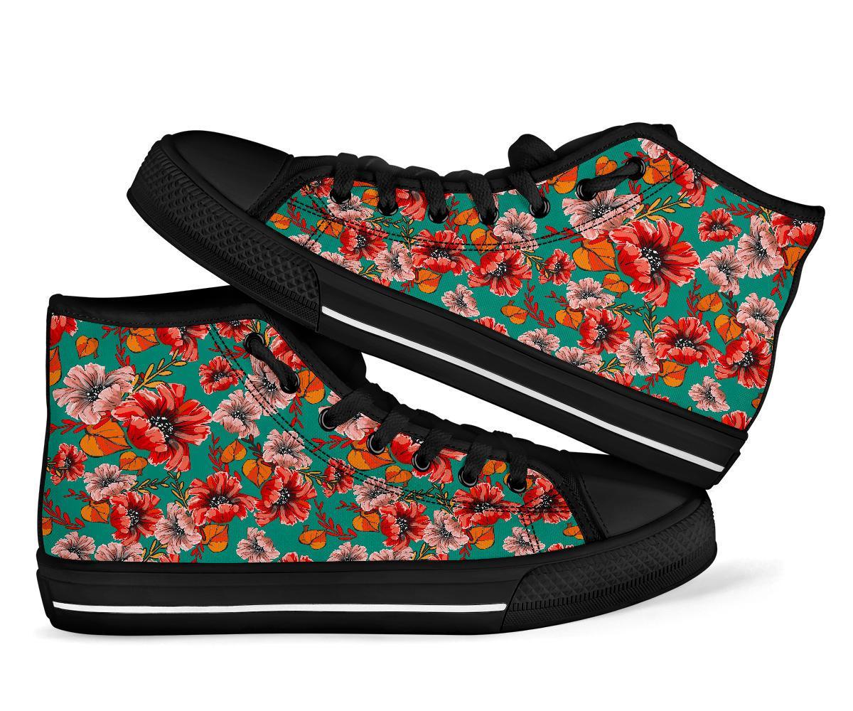 Poppy Floral Red Pattern Print Men Women's High Top Shoes-grizzshop