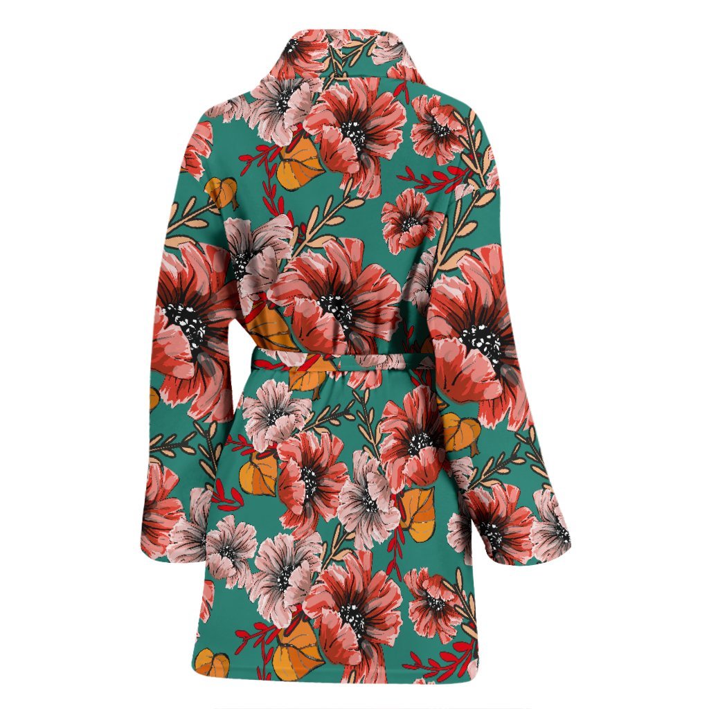Poppy Floral Red Pattern Print Women Long Robe-grizzshop