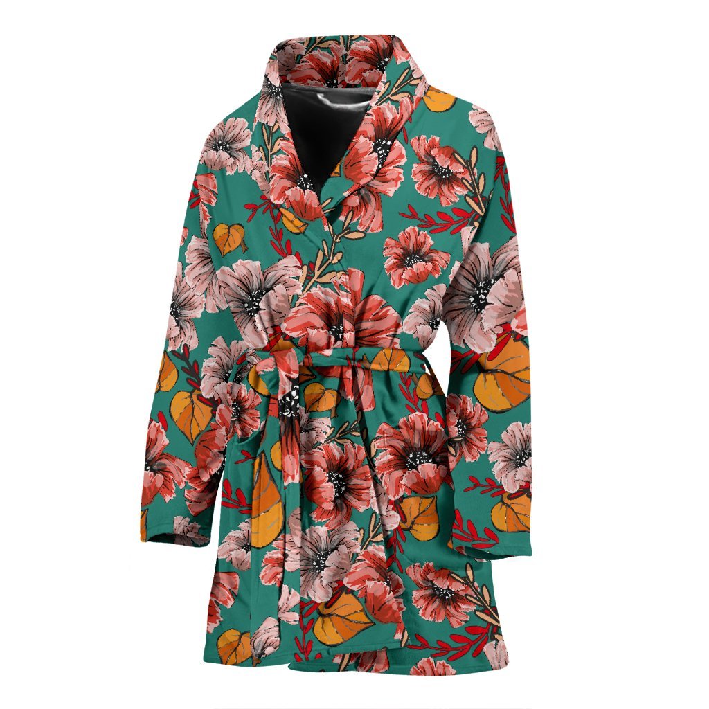 Poppy Floral Red Pattern Print Women Long Robe-grizzshop