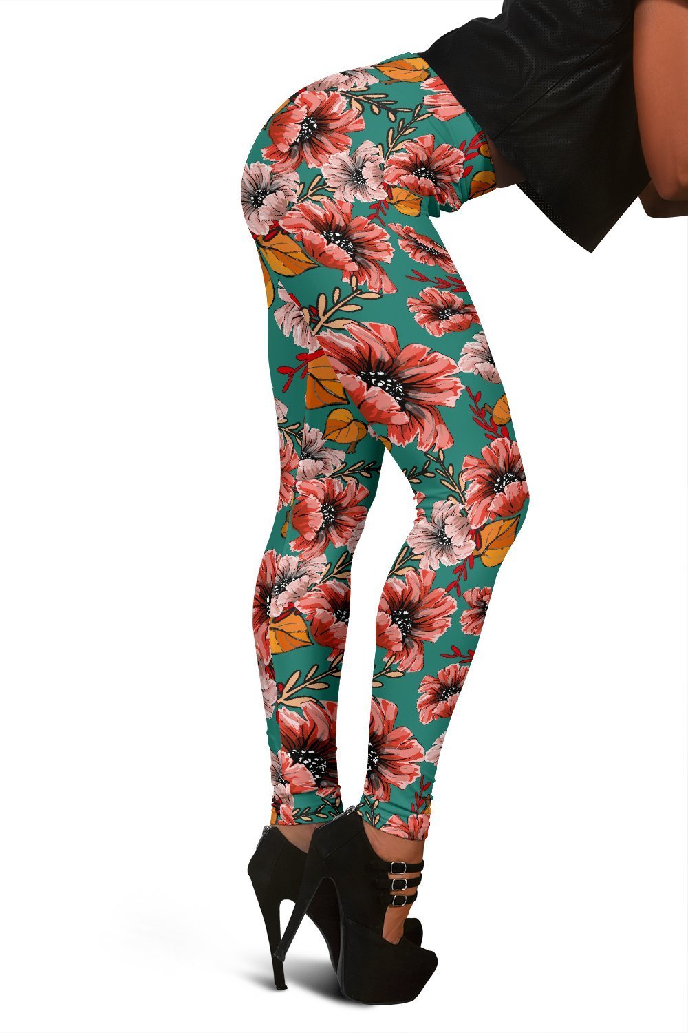 Poppy Floral Red Print Pattern Women Leggings-grizzshop