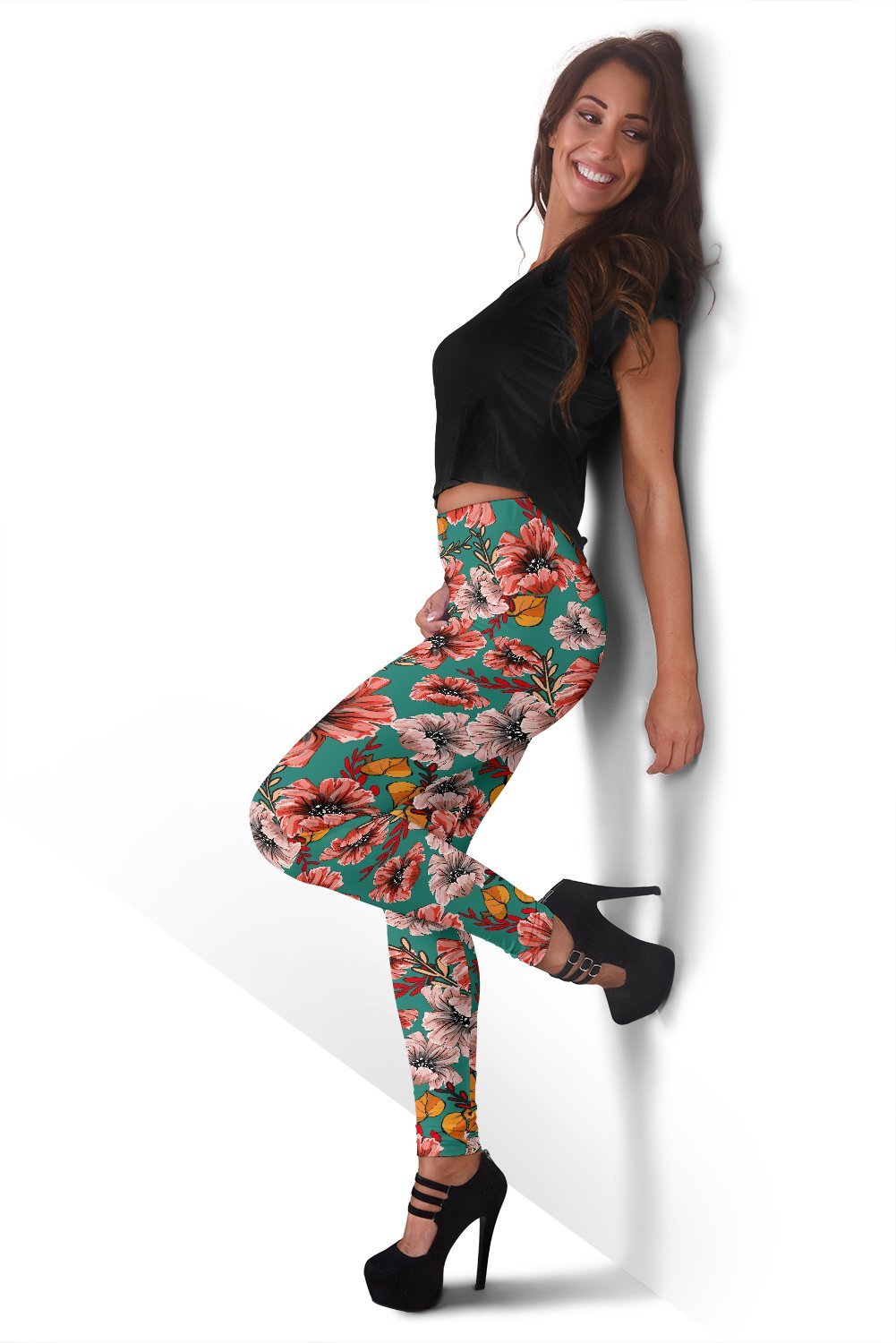 Poppy Floral Red Print Pattern Women Leggings-grizzshop