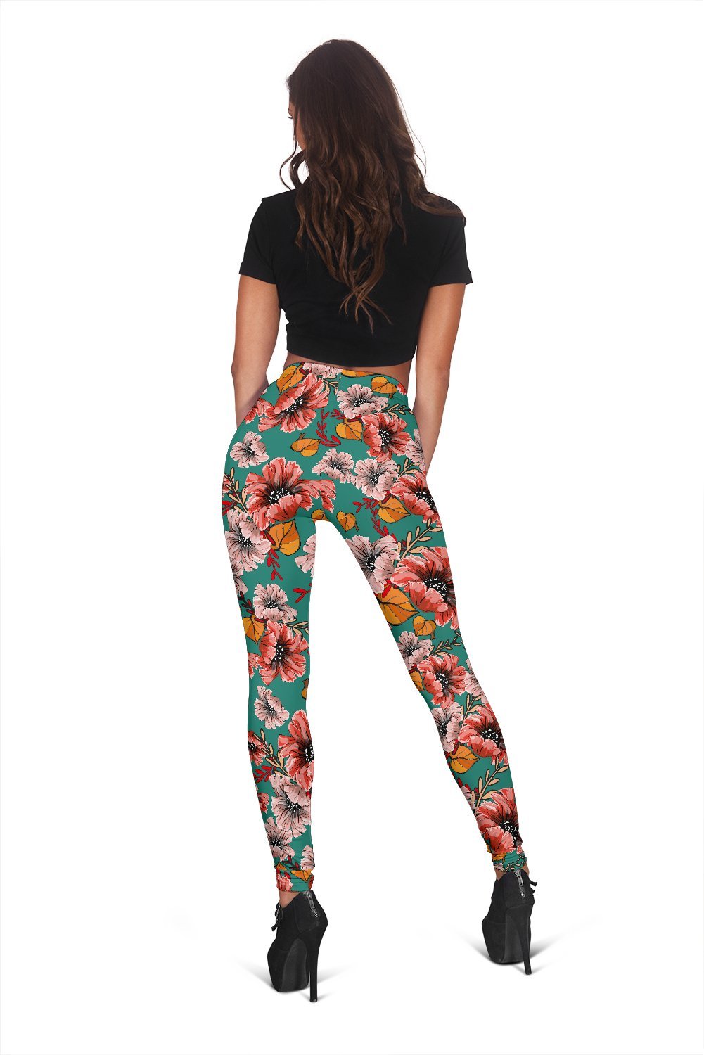 Poppy Floral Red Print Pattern Women Leggings-grizzshop