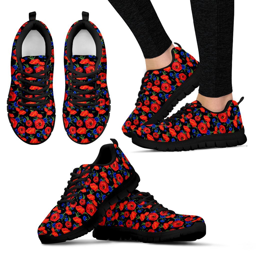 Poppy Red Floral Pattern Print Black Sneaker Shoes For Men Women-grizzshop