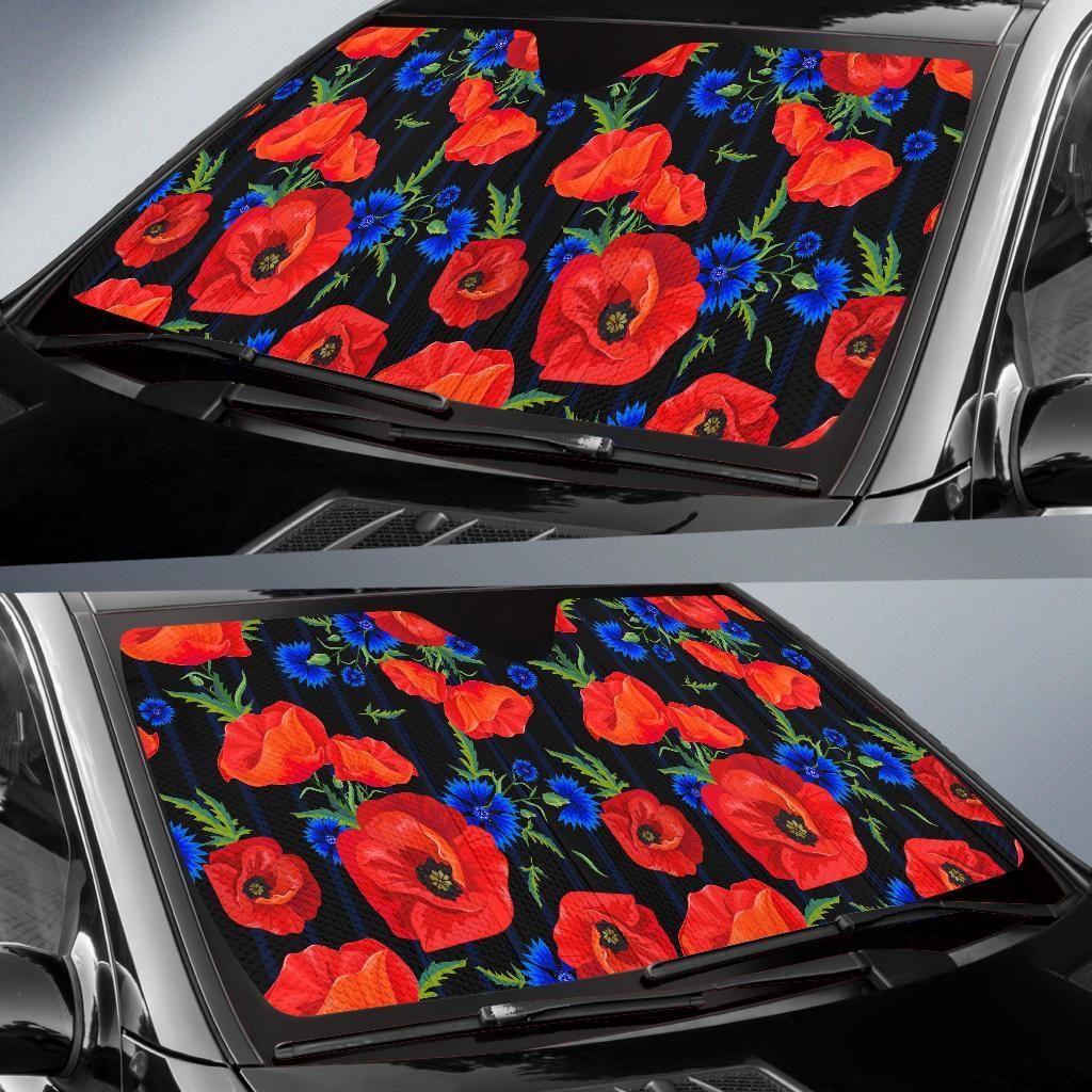 Poppy Red Floral Pattern Print Car Sun Shade-grizzshop