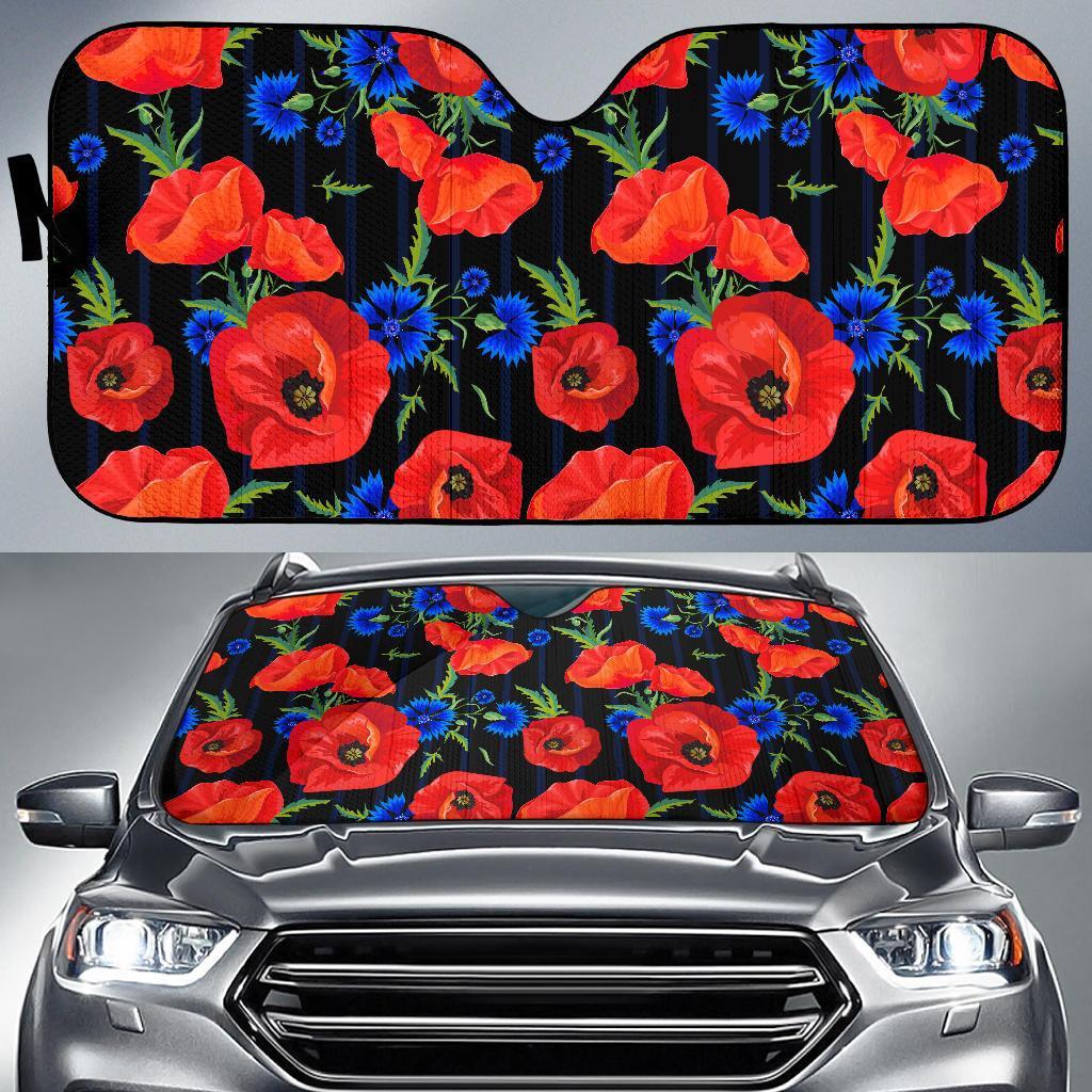 Poppy Red Floral Pattern Print Car Sun Shade-grizzshop