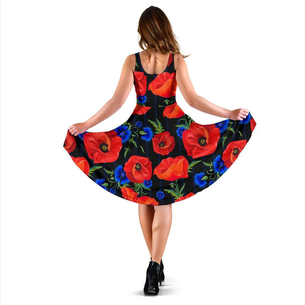 Poppy Red Floral Pattern Print Dress-grizzshop