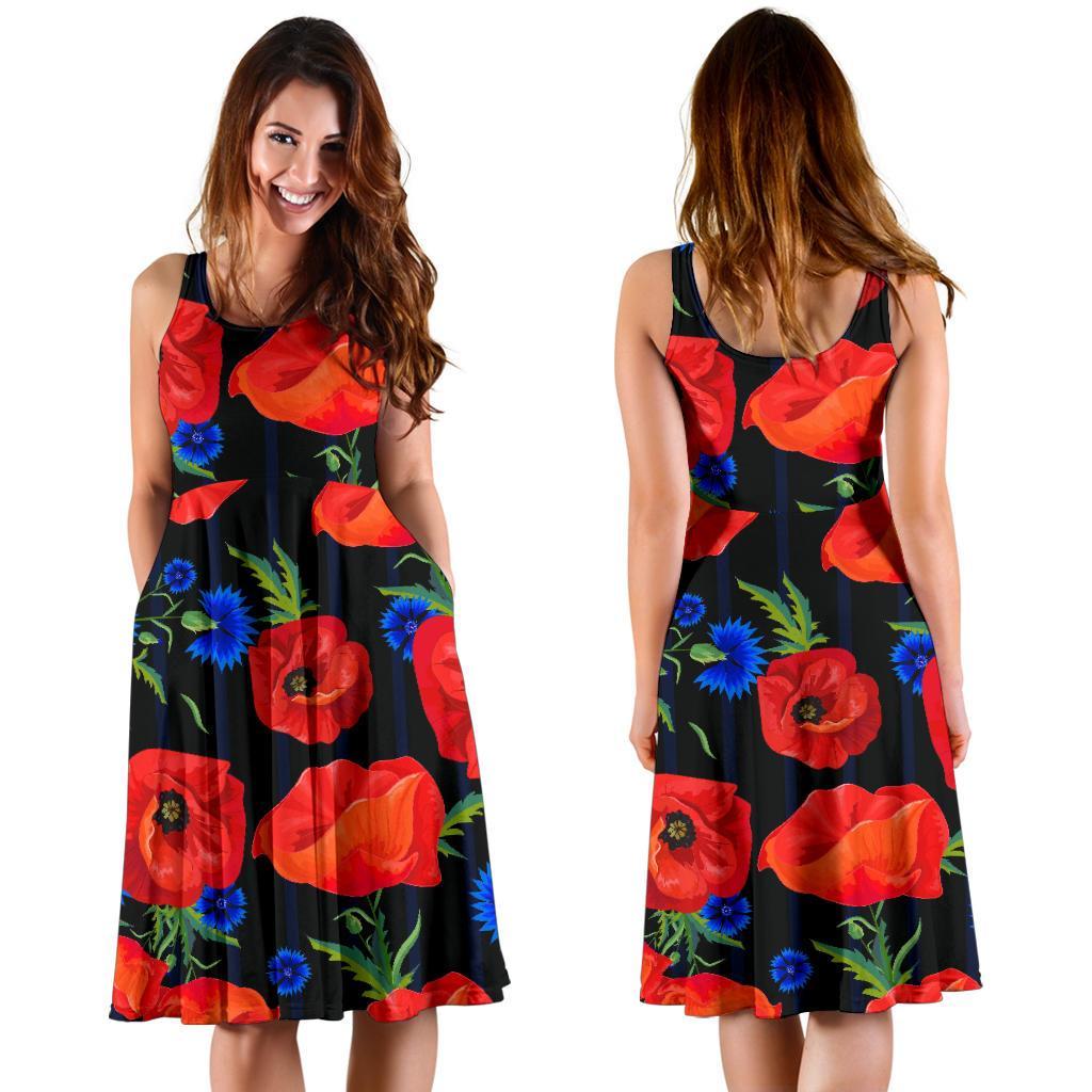 Poppy Red Floral Pattern Print Dress-grizzshop