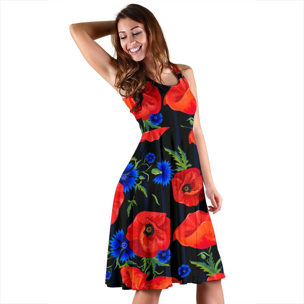Poppy Red Floral Pattern Print Dress-grizzshop