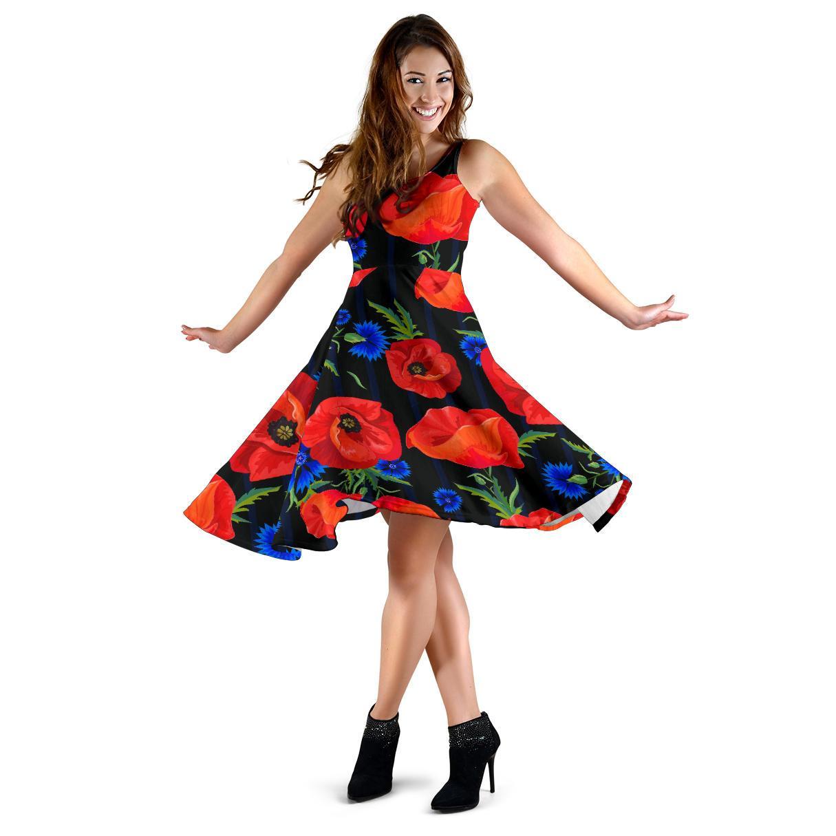 Poppy Red Floral Pattern Print Dress-grizzshop