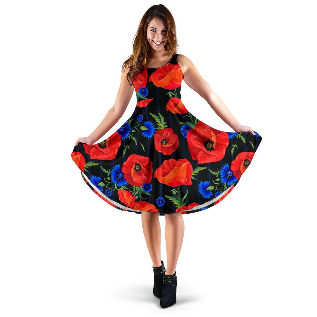 Poppy Red Floral Pattern Print Dress-grizzshop