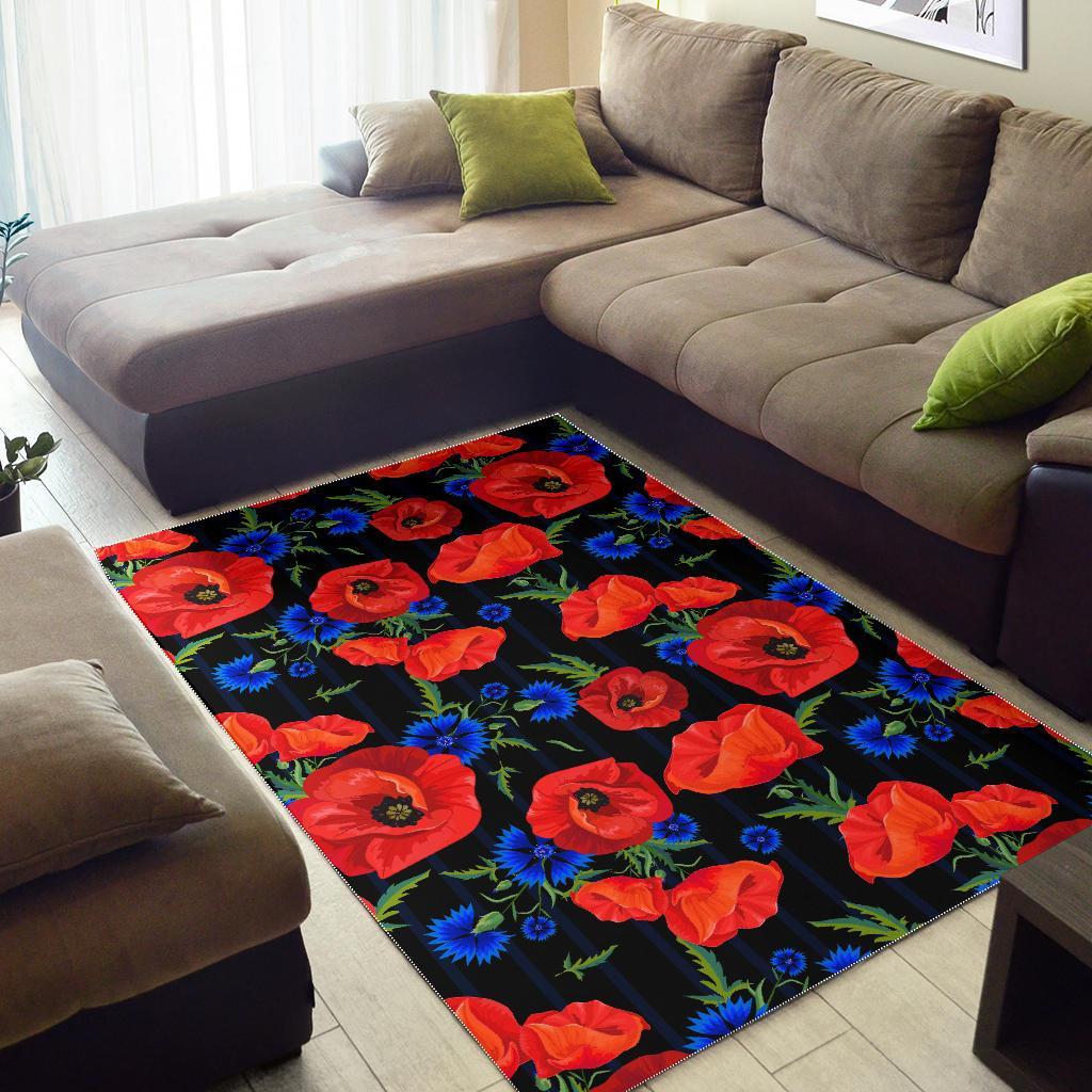 Poppy Red Floral Pattern Print Floor Mat-grizzshop