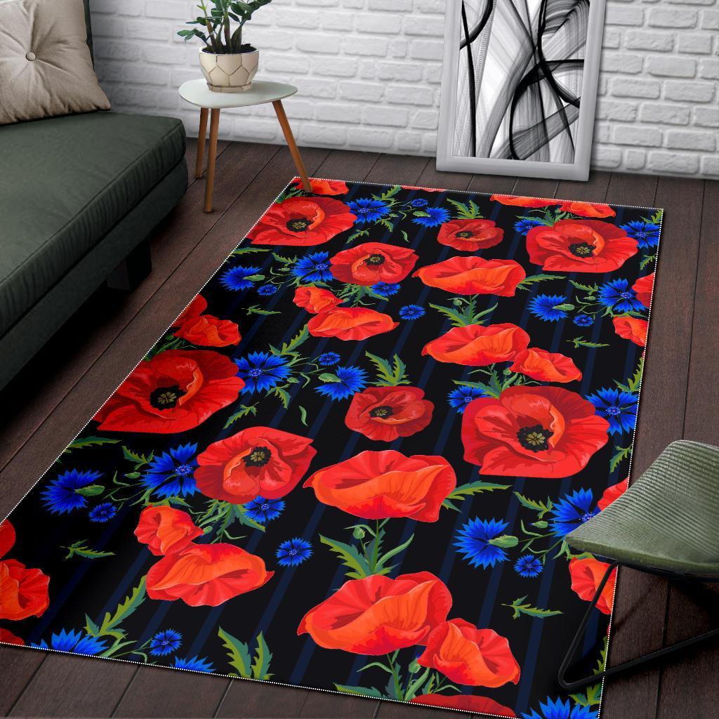 Poppy Red Floral Pattern Print Floor Mat-grizzshop
