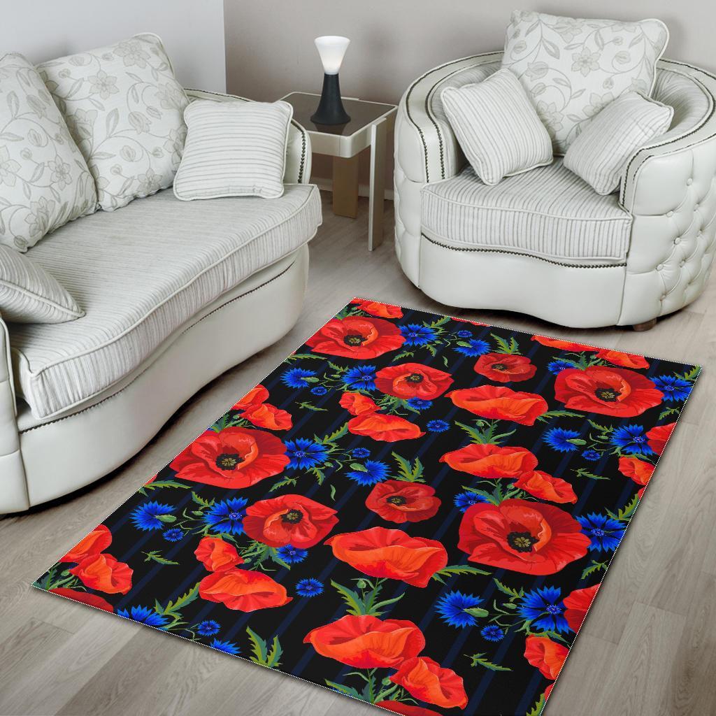Poppy Red Floral Pattern Print Floor Mat-grizzshop