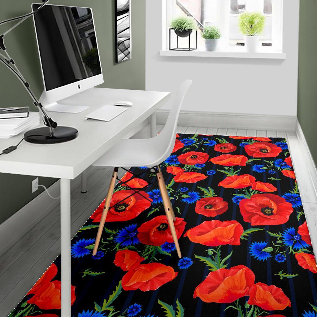 Poppy Red Floral Pattern Print Floor Mat-grizzshop