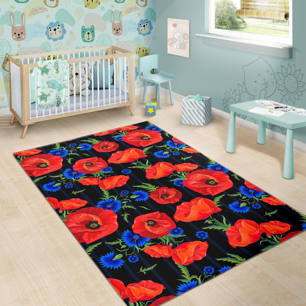 Poppy Red Floral Pattern Print Floor Mat-grizzshop