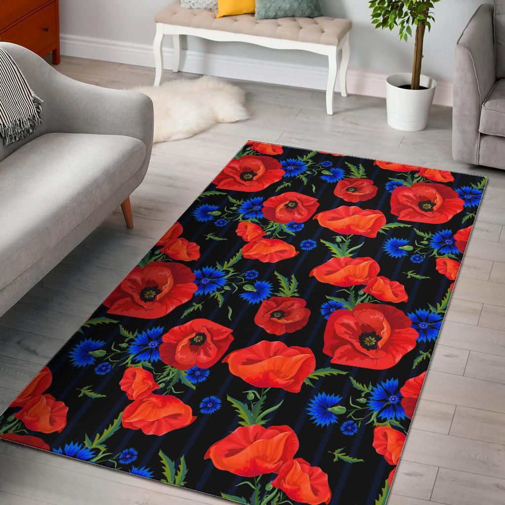 Poppy Red Floral Pattern Print Floor Mat-grizzshop