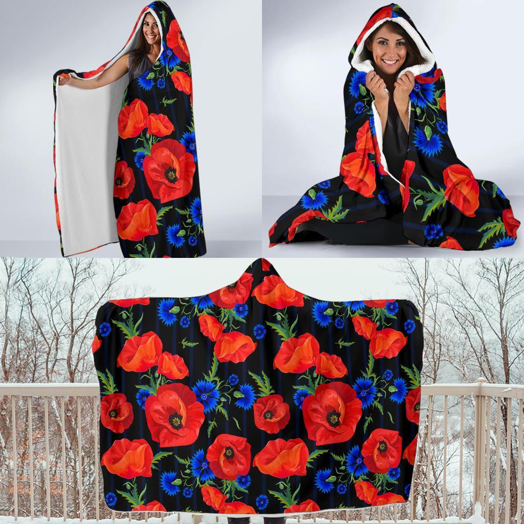 Poppy Red Floral Pattern Print Hooded Blanket-grizzshop