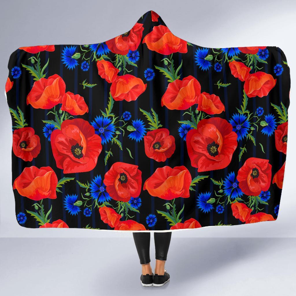 Poppy Red Floral Pattern Print Hooded Blanket-grizzshop