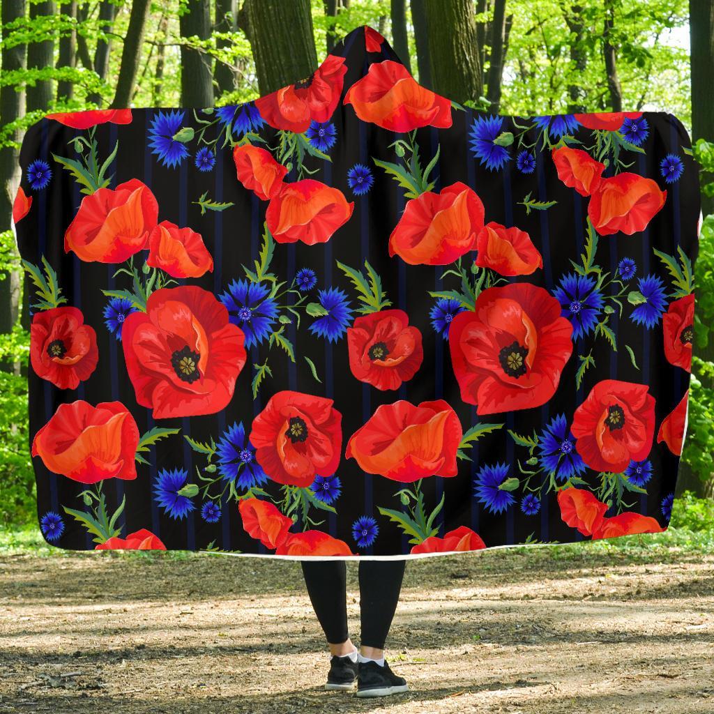 Poppy Red Floral Pattern Print Hooded Blanket-grizzshop