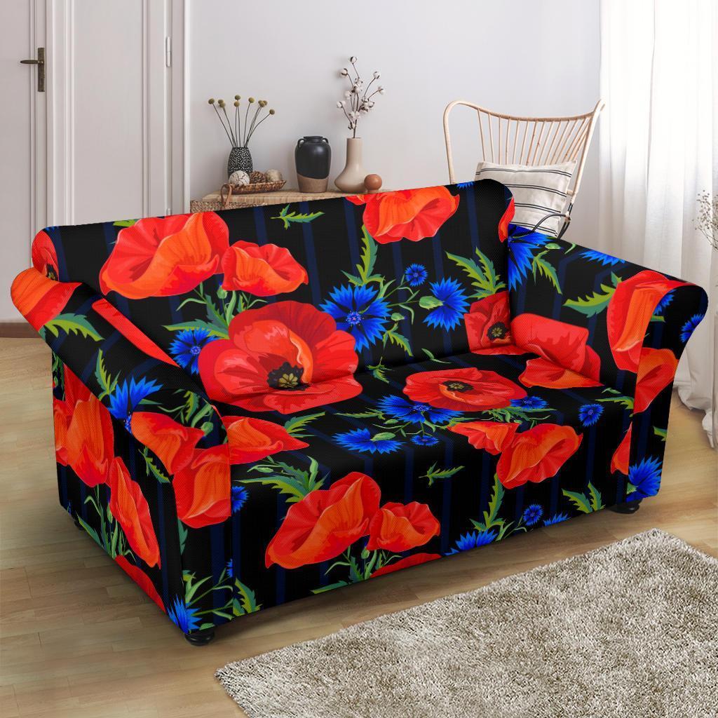 Poppy Red Floral Pattern Print Loveseat Cover-grizzshop