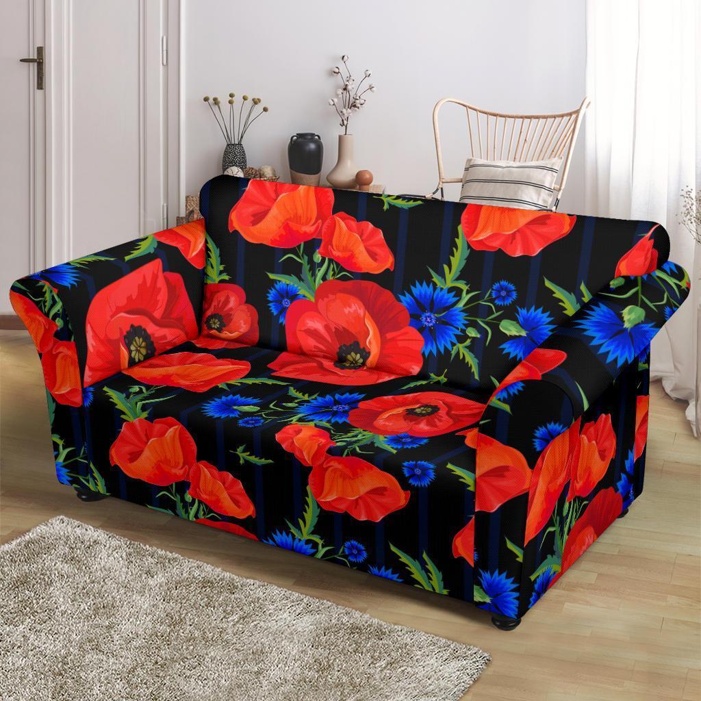 Poppy Red Floral Pattern Print Loveseat Cover-grizzshop