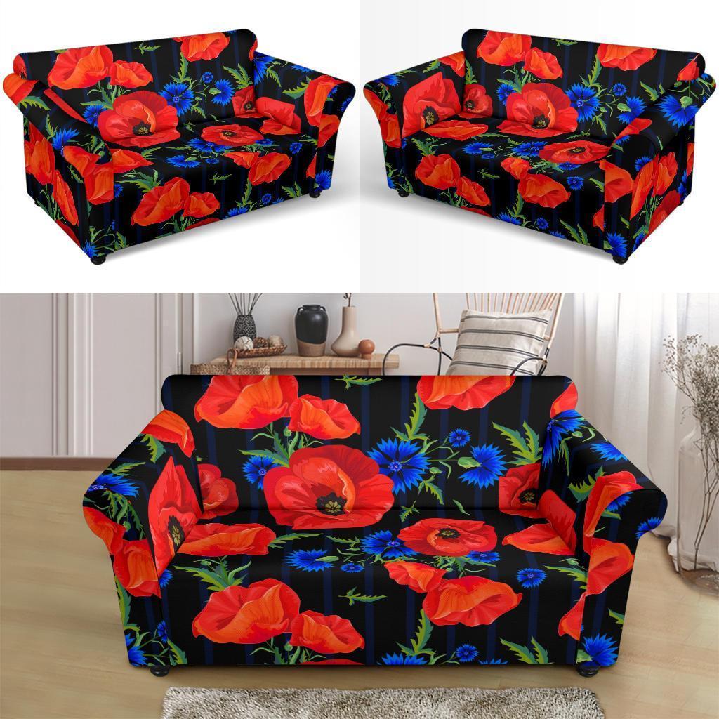 Poppy Red Floral Pattern Print Loveseat Cover-grizzshop