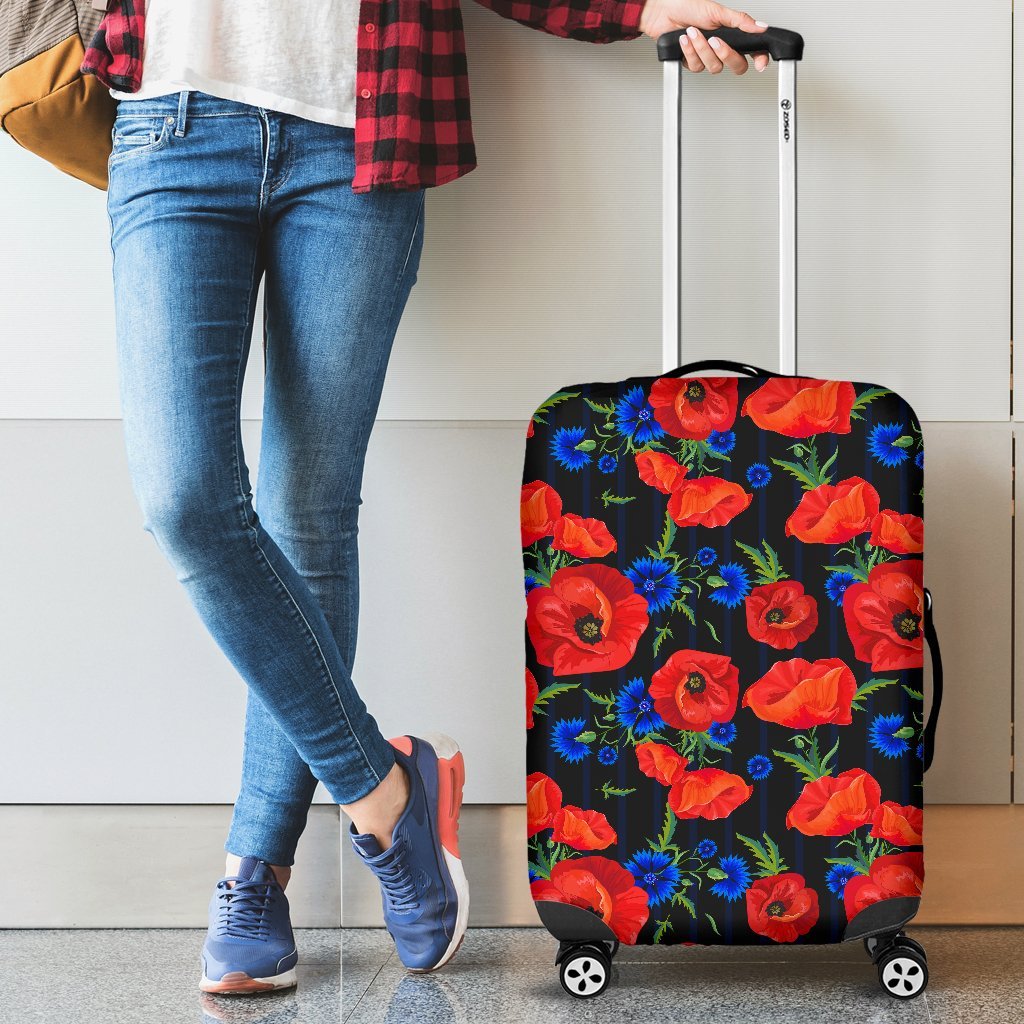 Poppy Red Floral Pattern Print Luggage Cover Protector-grizzshop