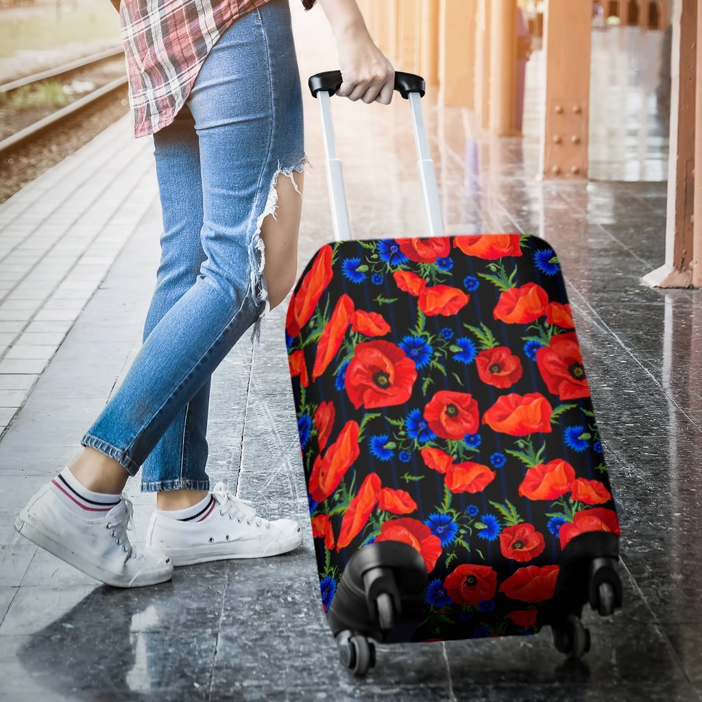 Poppy Red Floral Pattern Print Luggage Cover Protector-grizzshop