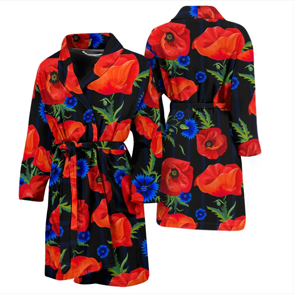 Poppy Red Floral Pattern Print Men Long Robe-grizzshop