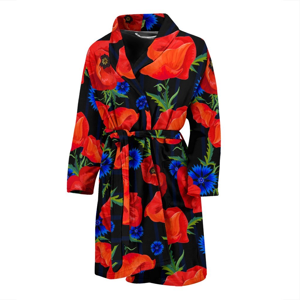 Poppy Red Floral Pattern Print Men Long Robe-grizzshop