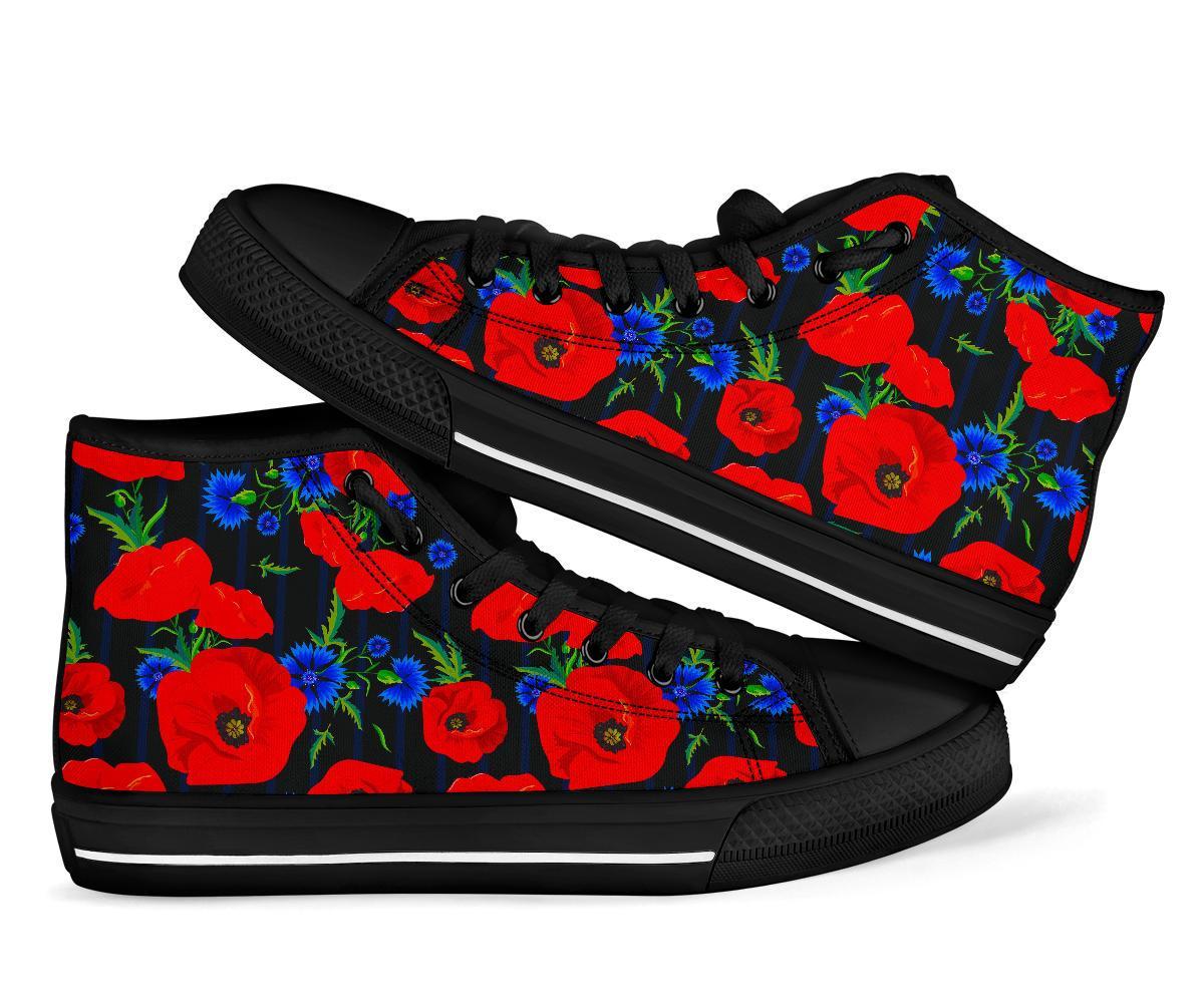 Poppy Red Floral Pattern Print Men Women's High Top Shoes-grizzshop