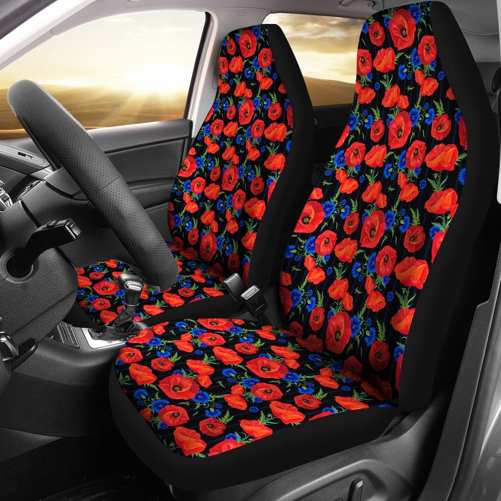 Poppy Red Floral Pattern Print Universal Fit Car Seat Cover-grizzshop