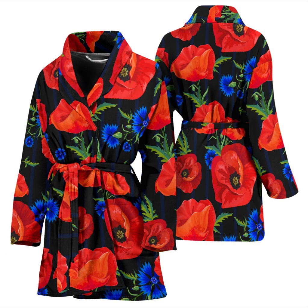 Poppy Red Floral Pattern Print Women Long Robe-grizzshop