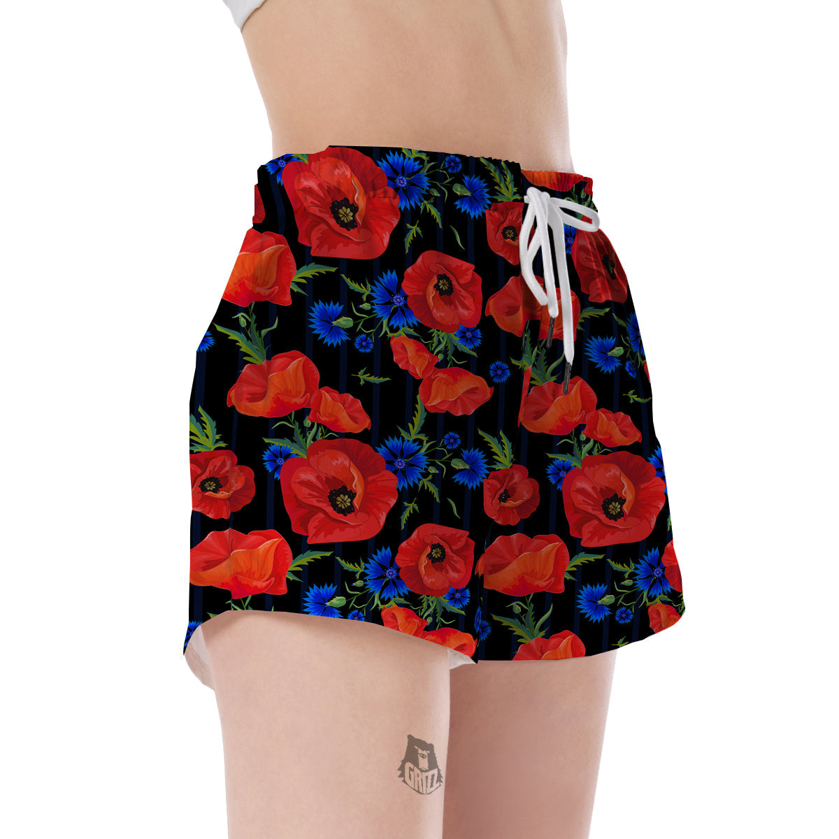 Poppy Red Floral Pattern Print Women's Shorts-grizzshop