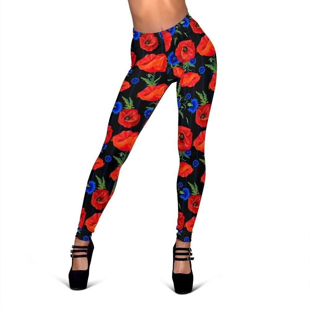 Poppy Red Floral Print Pattern Women Leggings-grizzshop