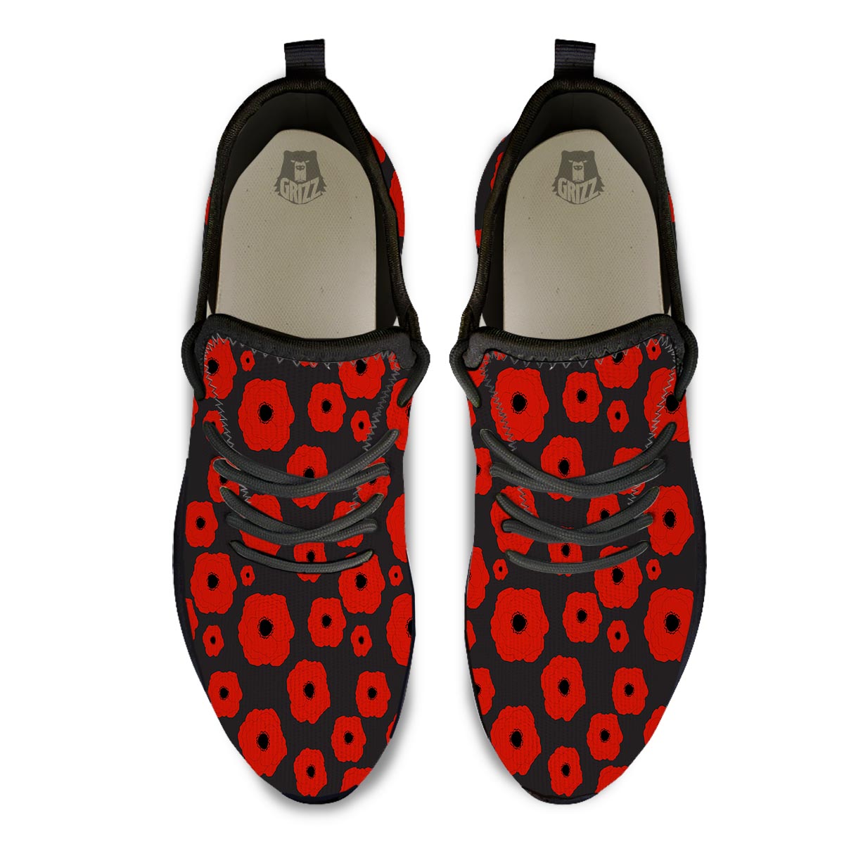 Poppy Red Print Pattern Black Athletic Shoes-grizzshop