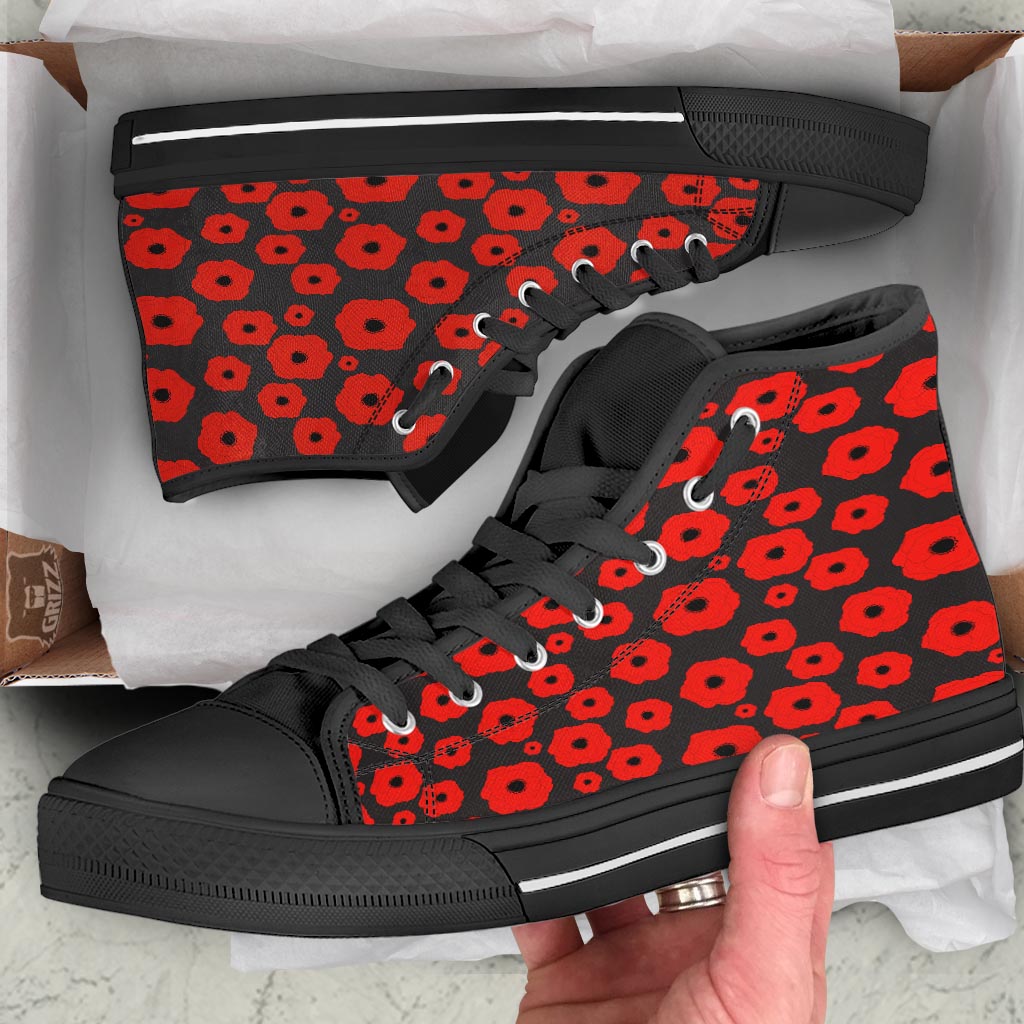 Poppy Red Print Pattern Black High Top Shoes-grizzshop