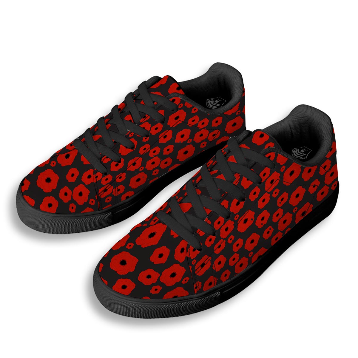 Poppy Red Print Pattern Black Low Top Sneakers-grizzshop