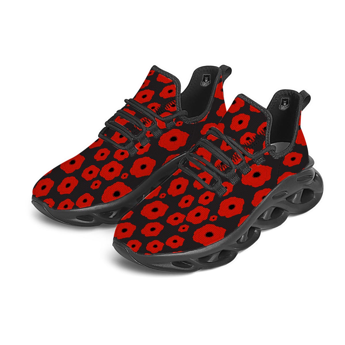 Poppy Red Print Pattern Black Running Shoes-grizzshop