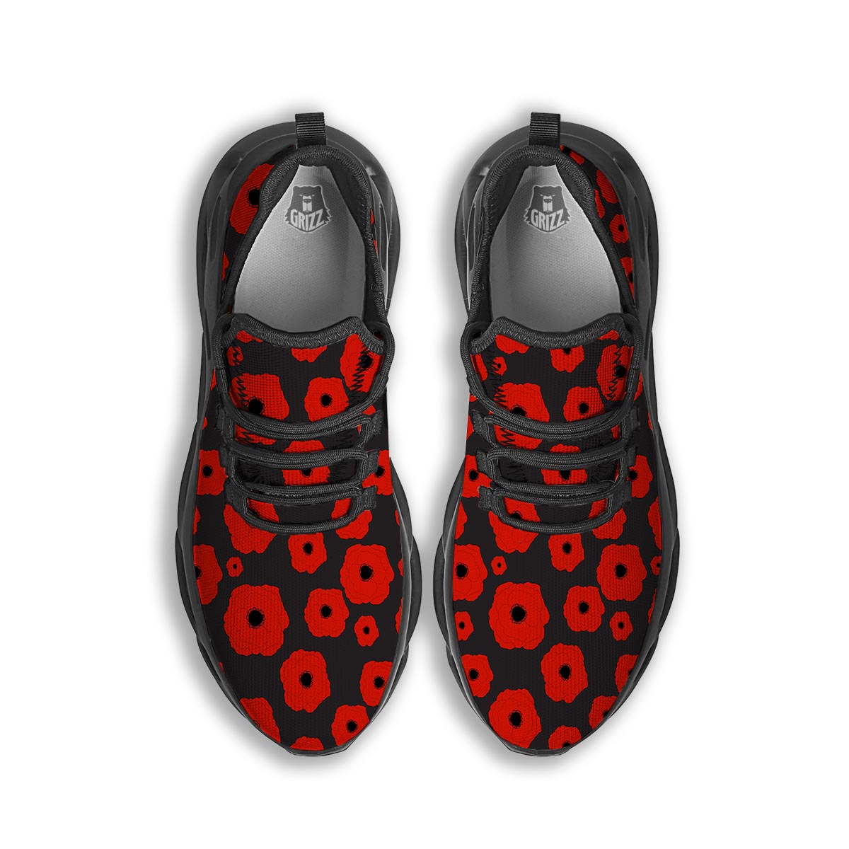 Poppy Red Print Pattern Black Running Shoes-grizzshop