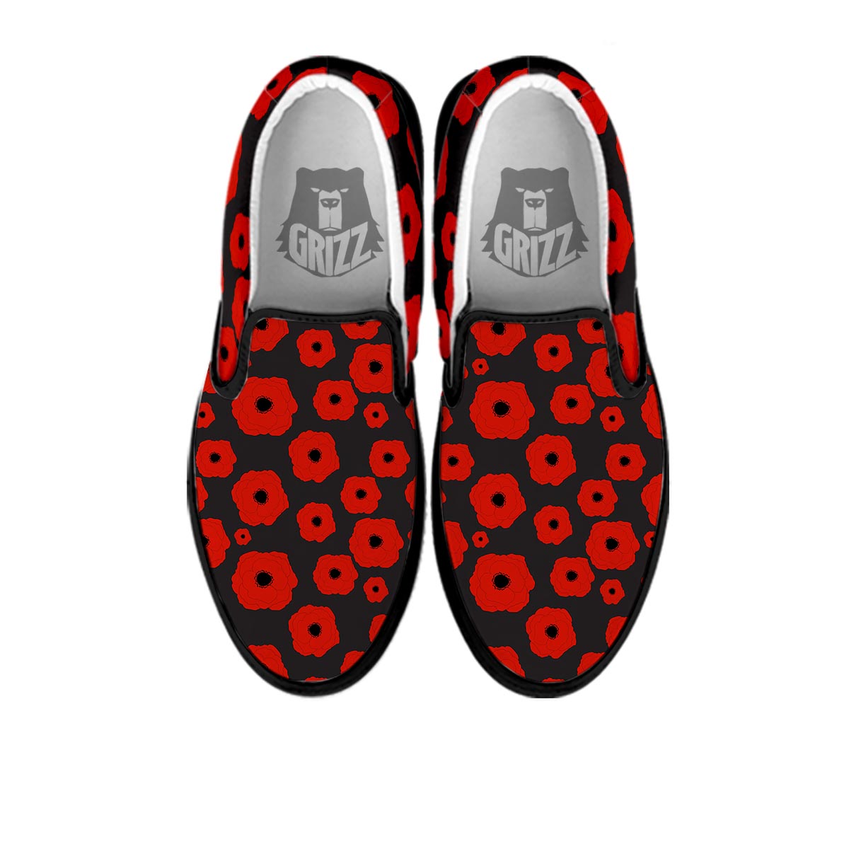 Poppy Red Print Pattern Black Slip On Shoes-grizzshop