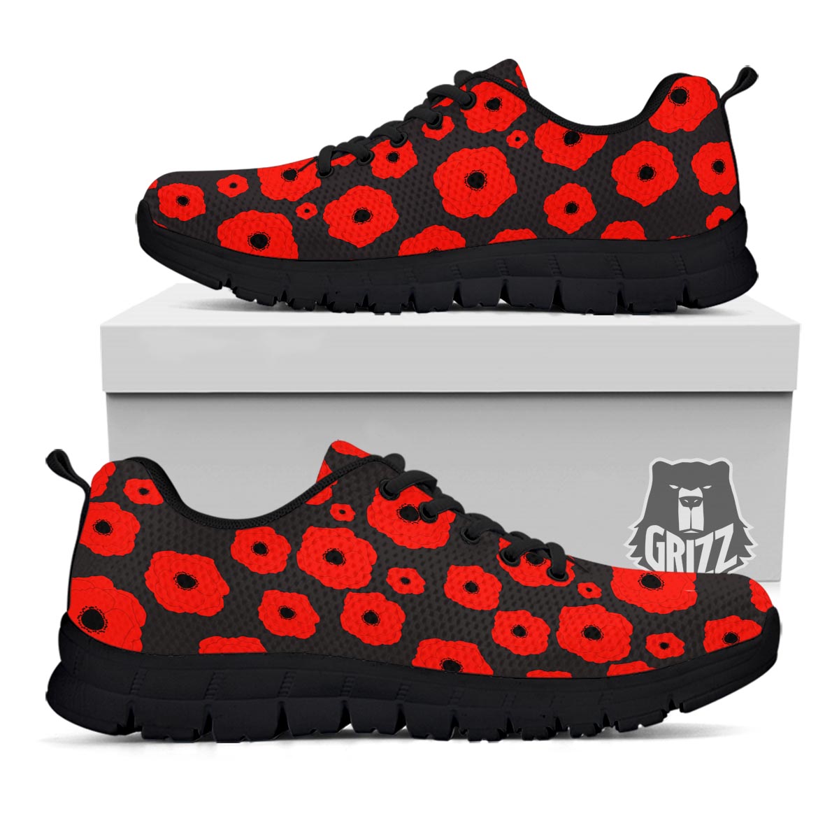 Poppy Red Print Pattern Black Sneaker-grizzshop