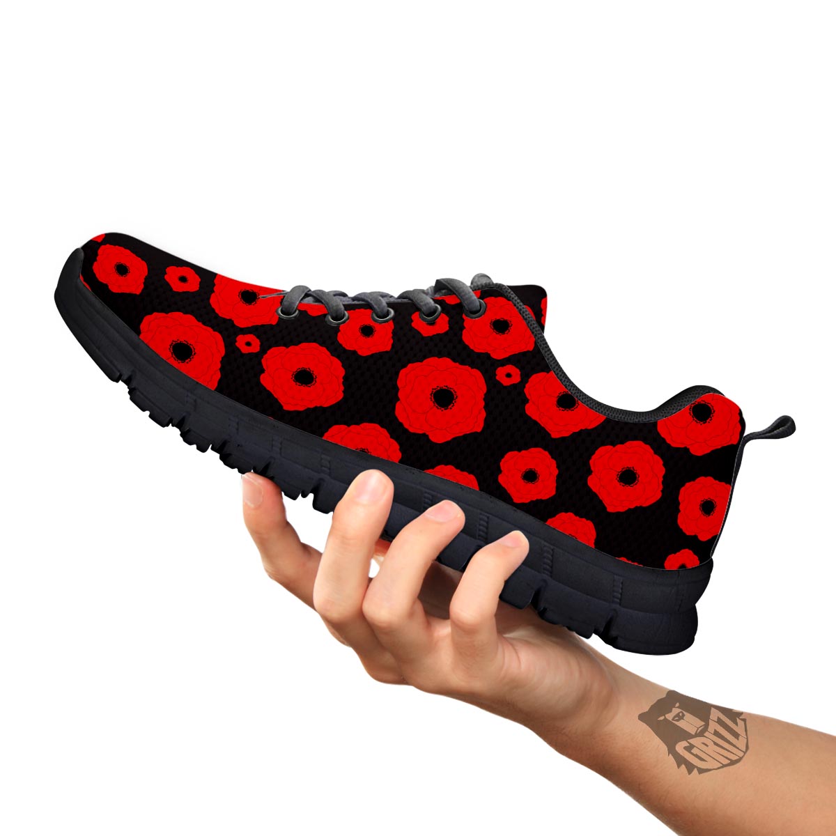 Poppy Red Print Pattern Black Sneaker-grizzshop