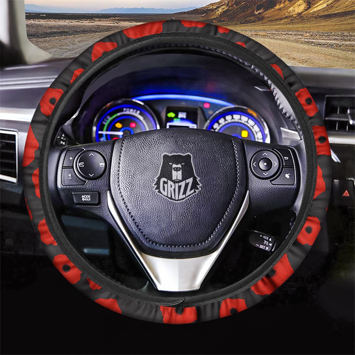 Poppy Red Print Pattern Car Steering Wheel Cover-grizzshop
